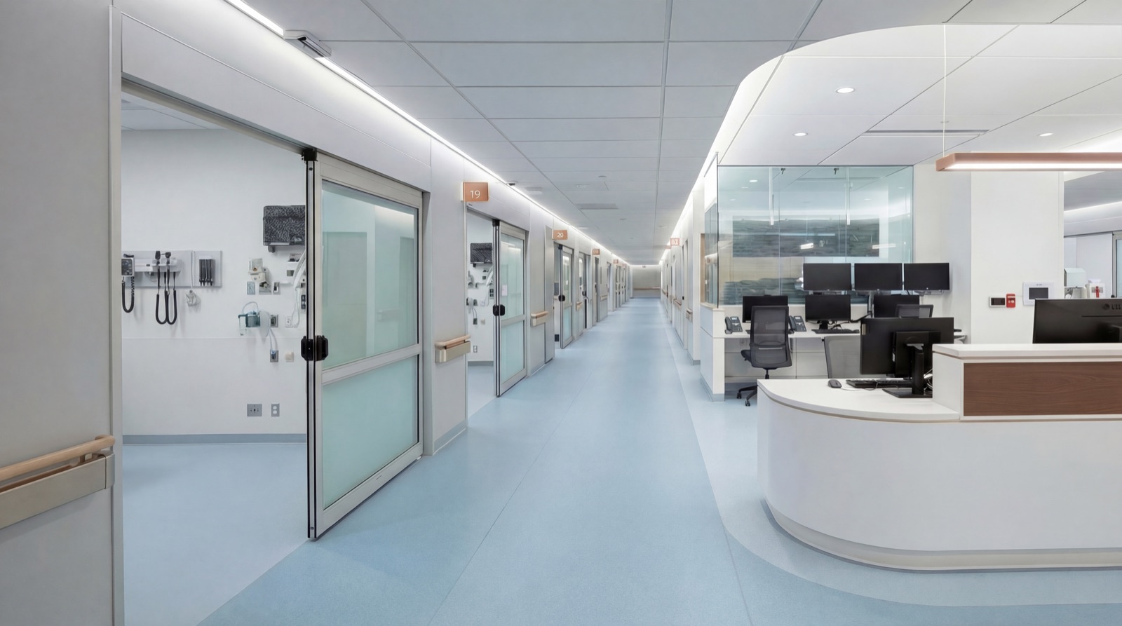 Bright clinical corridor and nurse station concept