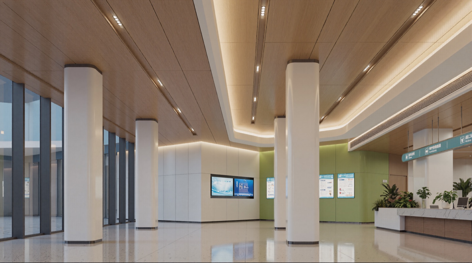 Warm-toned hospital lobby concept with clear wayfinding and natural materials