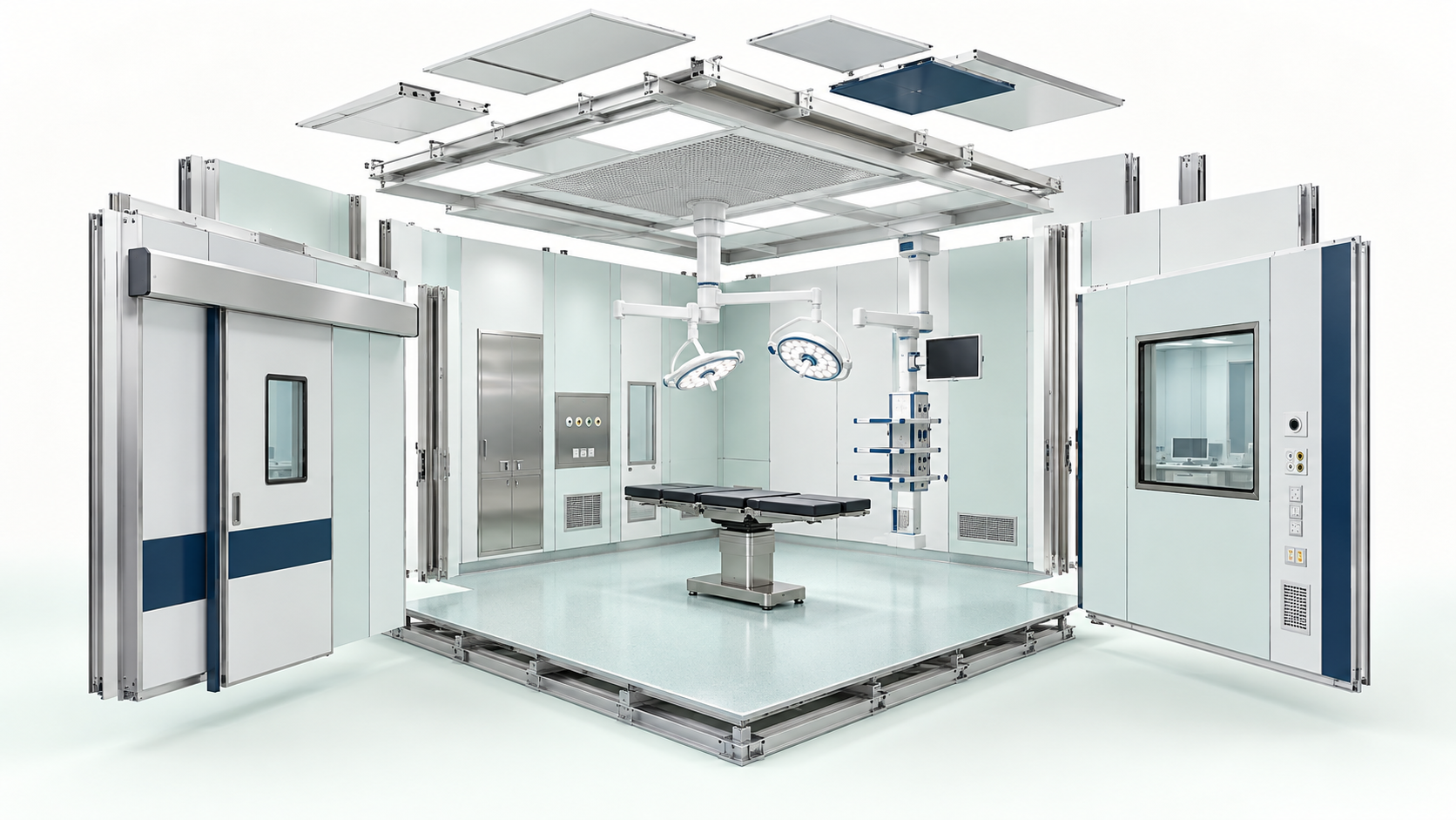Exploded view showing the prefabricated components of a modular operating room