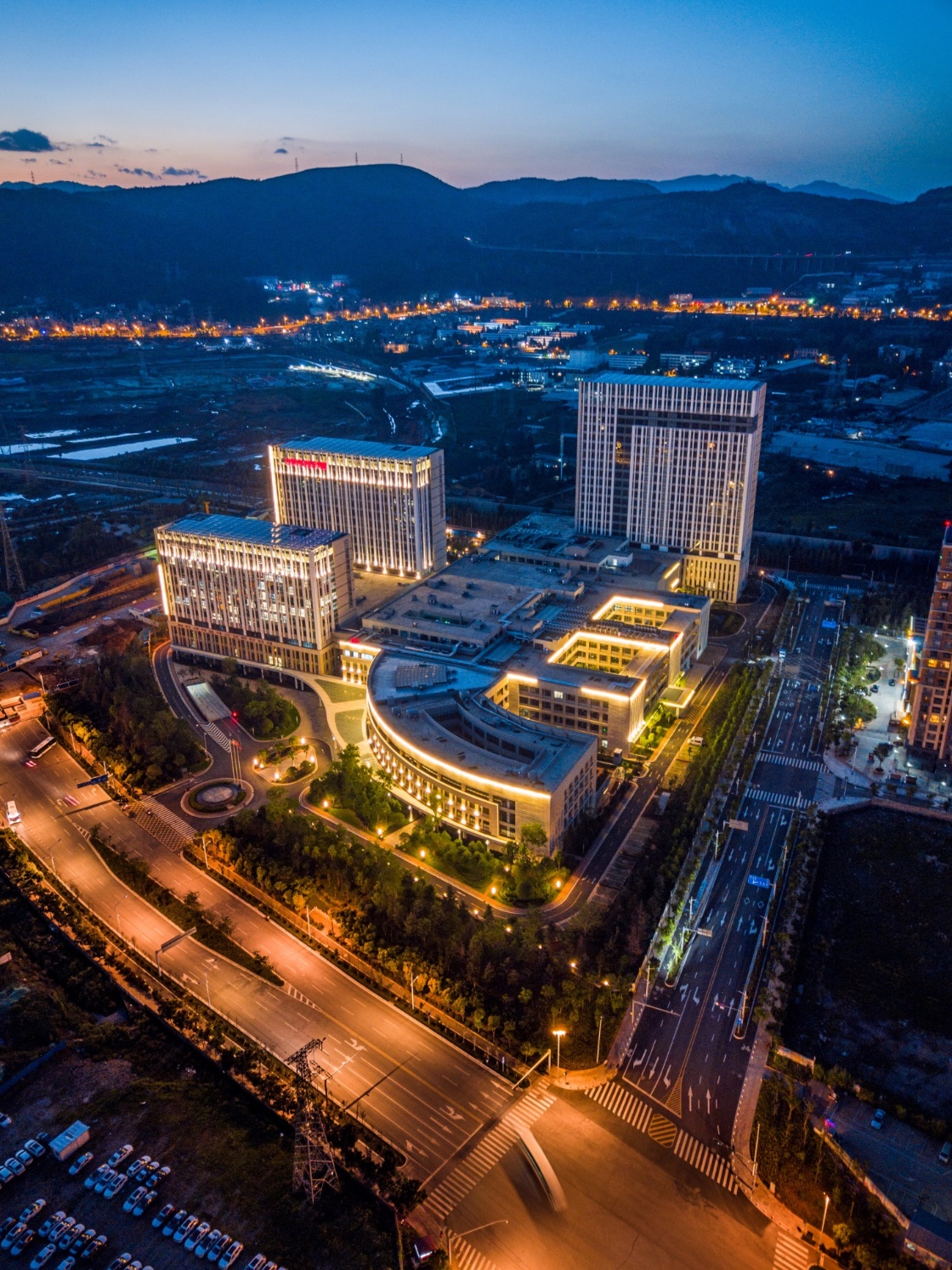 Aerial night view of Yunnan Fuwai Cardiovascular Hospital